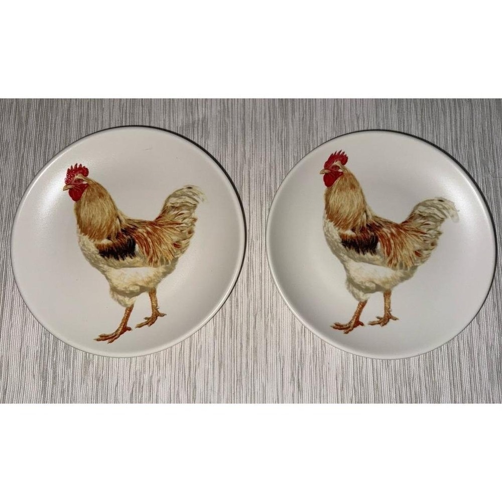 222 Fifth Rooster Farm Animal Salad Plates 8" Set Of 2 Porcelain